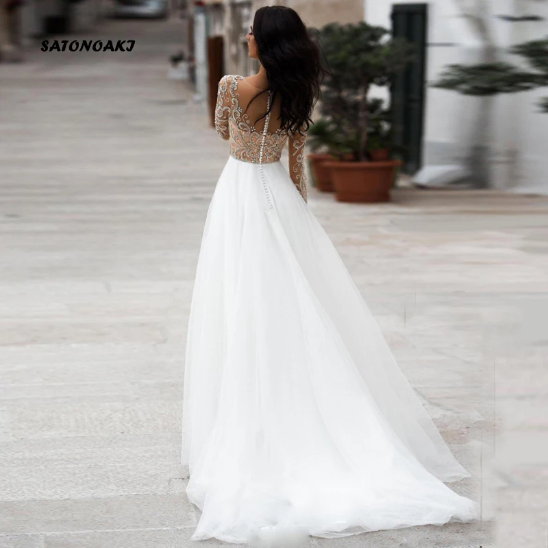 SATONOAKI сексуальные свадебные платья с вырезом и длинным рукавом длиной до пола, расшитые бисером свадебные платья, кружевное винтажное свадебное платье с аппликацией
