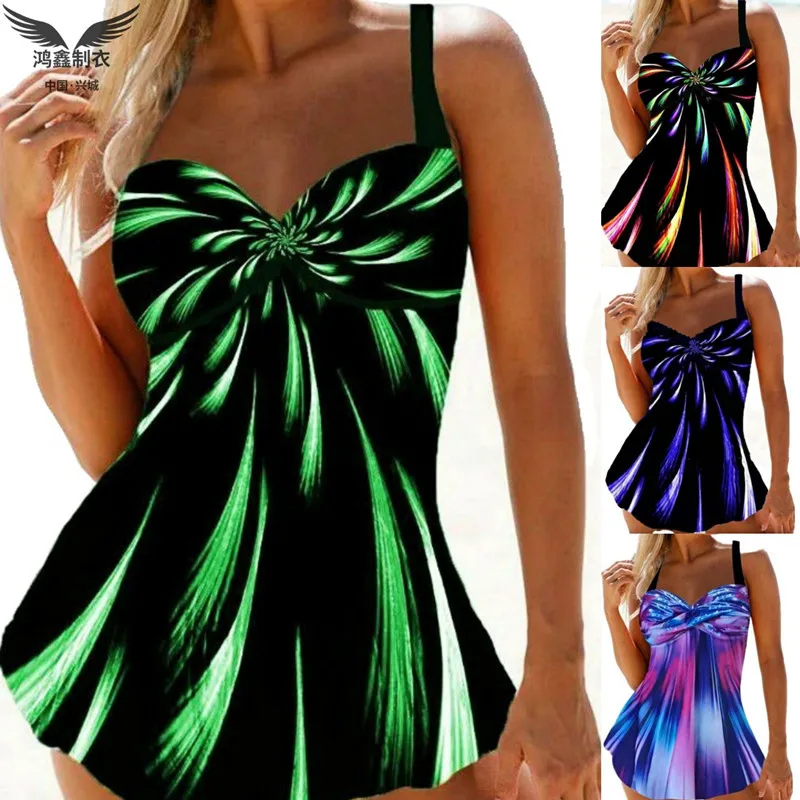

2020 New European and American Bikini Amazon Explosion Fireworks Gradient Print Skirt Large Size One-Piece Swimsuit Women