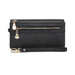 Elegant Women's Long Zipper Clutch Wallet - Soft PU Leather Envelope Purse (Black)