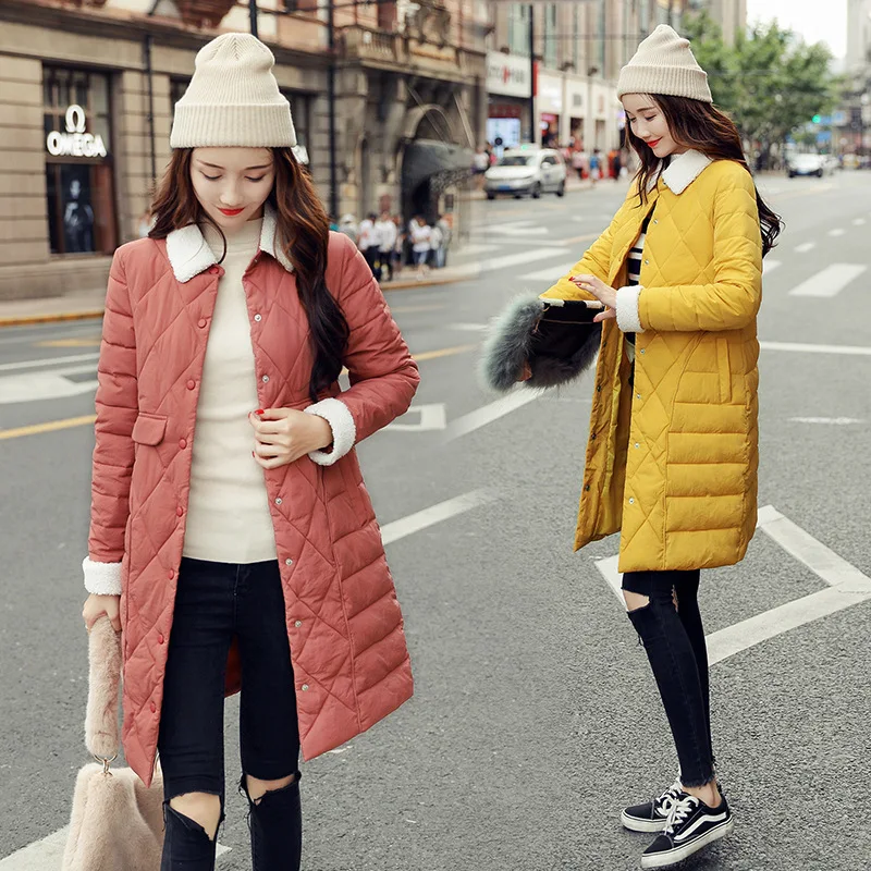 

2019 Winter New Style Cotton-padded Clothes Women's Mid-length Korean-style Slim Fit Lambs Wool Fold-down Collar CHIC Lightweigh