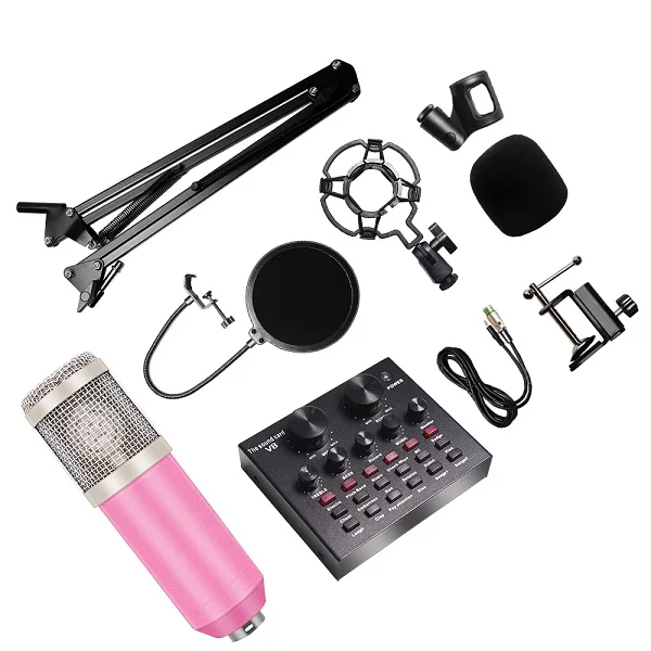 Pink Bm 800 студийные комплекты микрофона с фильтром V8 звуковая карта конденсаторный микрофон комплект записи Ktv караоке микрофон для смартфона - Цвет: Pink