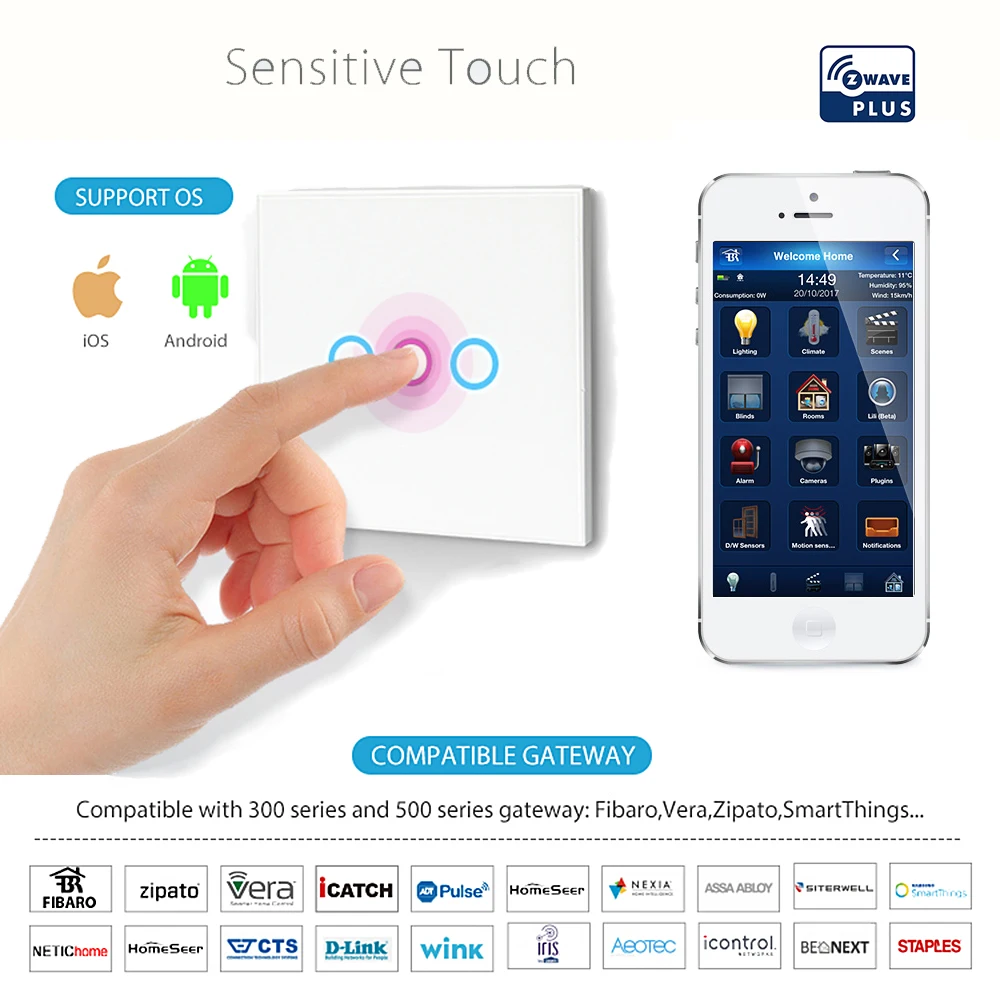 Настенный светильник Z wave Plus переключатель для автоматизации дома сенсорный