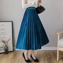 Женская Вельветовая теплая длинная юбка, повседневная Осенняя зимняя эластичная юбка с высокой талией, однотонная Макси офисная плиссированная юбка