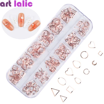 

Rose Gold Alloy Nail Studs Geometry Circle Star Round Cross Starfish Shell Rose 12 Grids 3D Nail Art Rivets Hollow Decoration