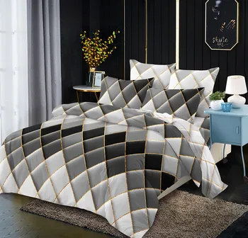 

Aggcual Gradient rhombus grid bed covers and bedspreads Gold Line home textile bedding set king size 100% Polyester 3pcs be806