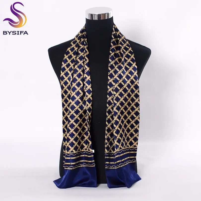 [BYSIFA] Черные, красные длинные шарфы для мужчин, модные аксессуары, мужской шарф из чистого шелка, зимний шарф с цветочным узором 160*26 см - Цвет: navy blue gold