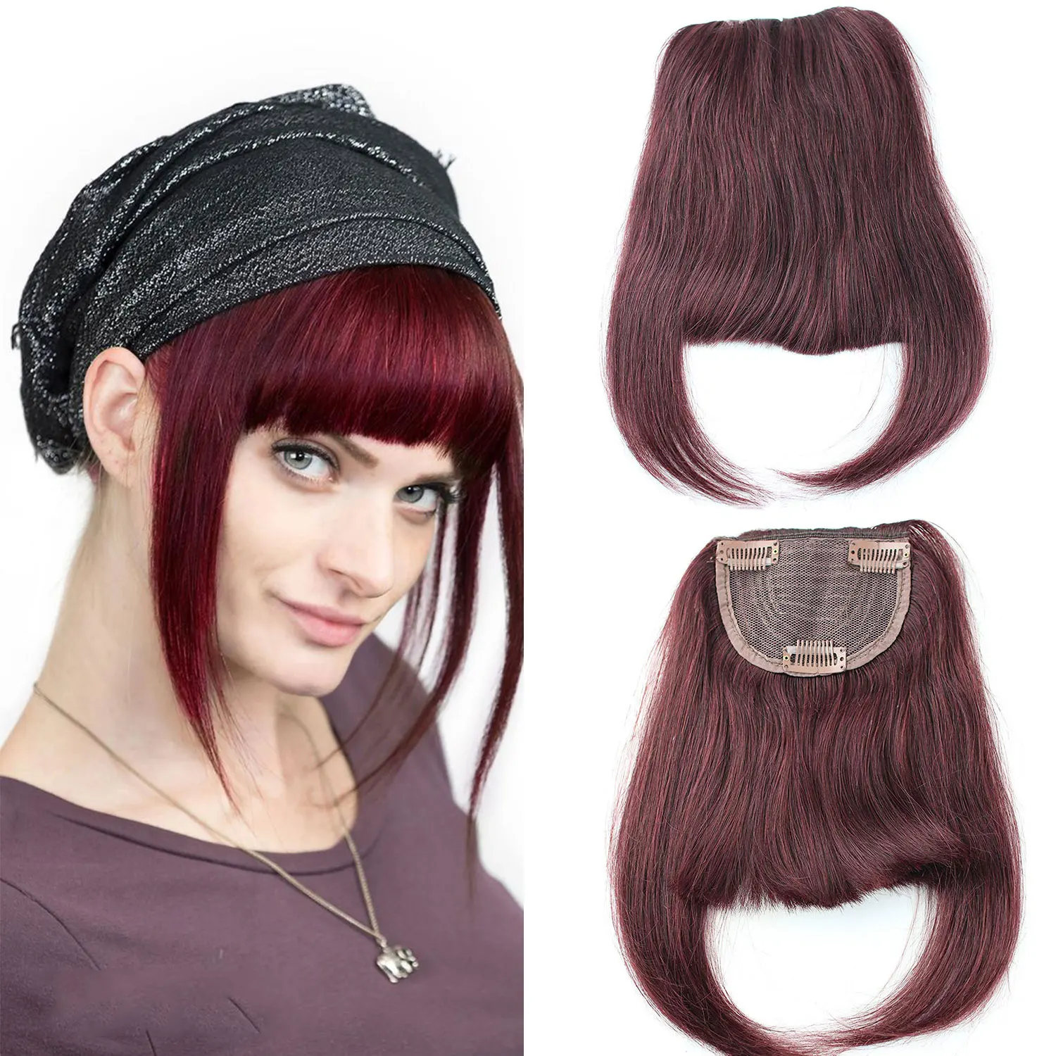 

99J Wine Red Brazilian Human Hair Clip-in Hair Bang Full Fringe Short Straight Hair Extension for women 6-8inch