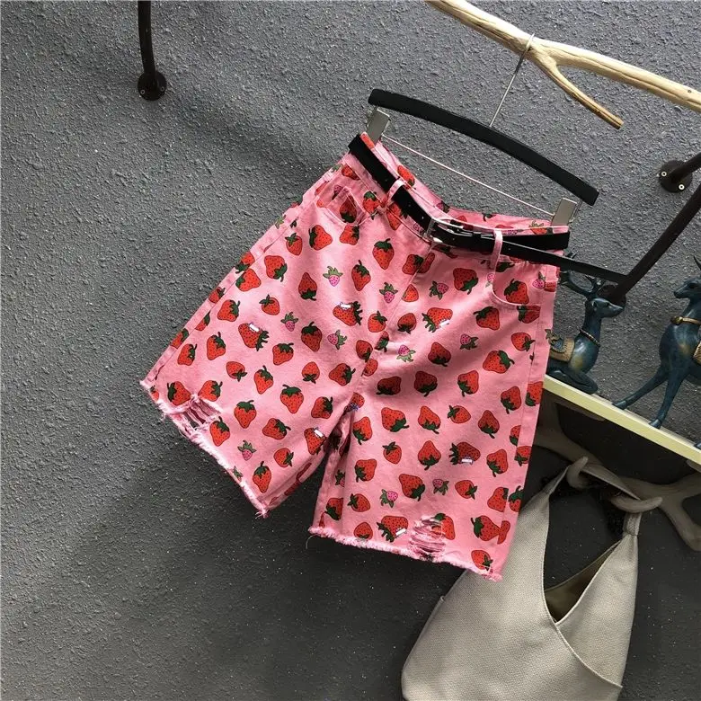 soffe shorts Pink Strawberry Print Knee Length Jeans Women 2021 New Summer Fashion All-match High Waist Loose Straight Shorts Wide Leg bike shorts