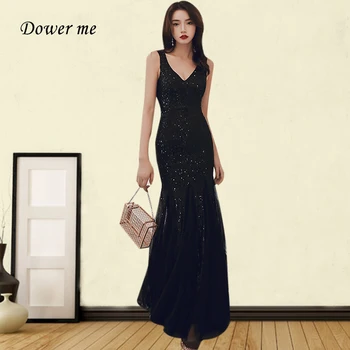 

Evening Dresses Long GK113 Elegant Black Sparkling Sequined Evening Dresses V-neck Sleeveless Mermaid Evening Gowns For Women