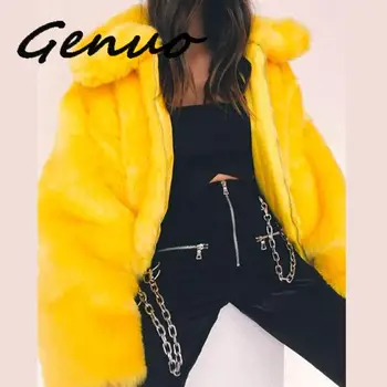 

Genuo Women Winter Warm Faux Fur Coat Vintage Yellow Furry Fake Fur Jacket Lapel Long Sleeve Zipper Casual Female Outerwear