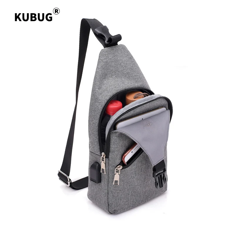 KUBUG USB Charging Men's Chest Bag Pack Sling Bag Crossbody Bag Earphone Casual Sports Bag Outdoor Travel Sports Shoulder Bag