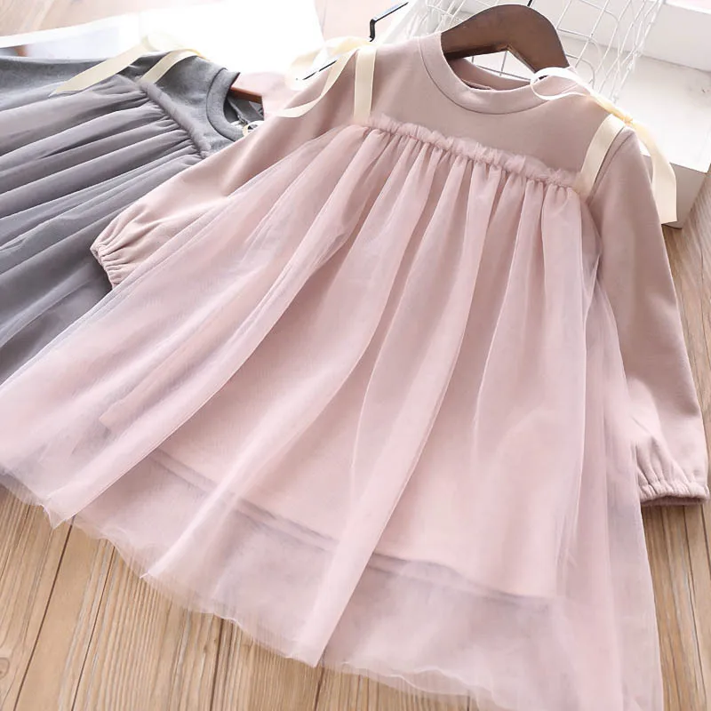 

Child Baby Tulle Bow Princess Girls Ruffles Patchwork Clothes Fashion Western Party Pink Gray Autumn Spring Kids Tutu Dress