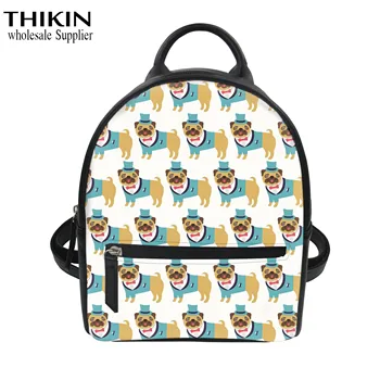 

THIKIN Kawaii Pug Pattern Women Backpack PU Leather Rucksack for Teenager Girls Fashion Bagpack Lady Mini Daypack Backpacks