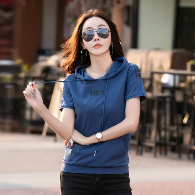 Female T shirt Hooded Short Sleeve 