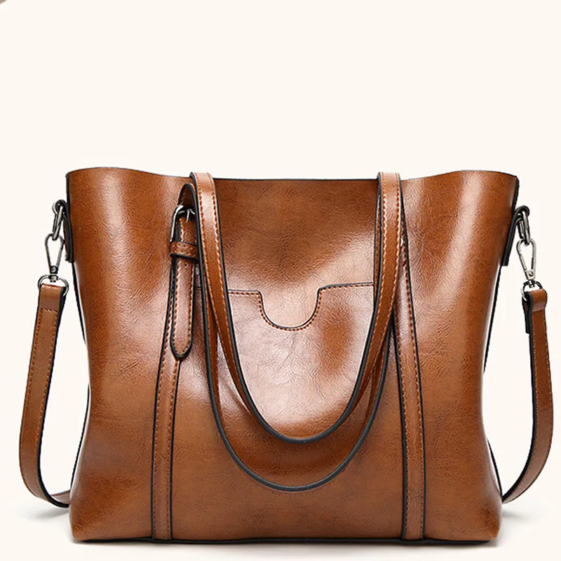 

Women Leather Handbags 2019 Women Oil wax Causal Totes Bag Luxury brand HandBags With Purse Pocket Women Large messenger bag