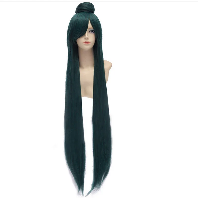 HAIRJOY  Pluto Meiou Setsuna Green Cosplay Wig with Detachable Bun 100cm Long Straight Synthetic Hair