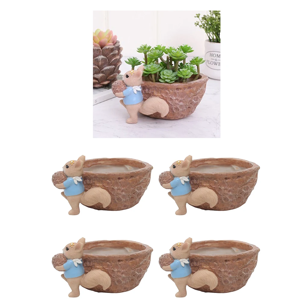 Set of 4 Walnut Squirrel Succulent Plant Pot, Cactus Plant Pot, Flower Pot, Perfect for Home Decoration and Gift Idea