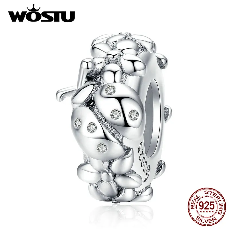 

WOSTU 925 Sterling Silver Ladybug Flower Silicone Stopper Beads Spacer Charm Fit Original Bracelet Pendant Fine Jewelry CTC112