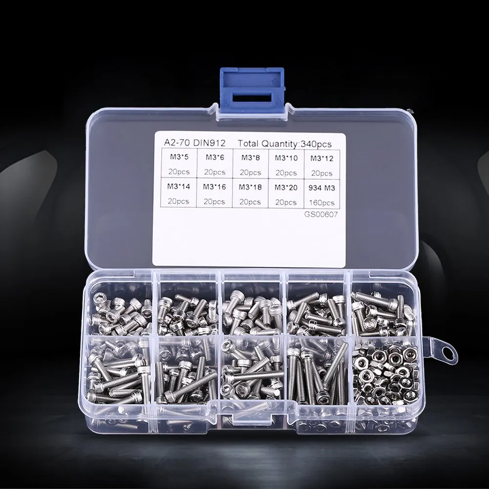 

340pcs M3 Stainless Steel SS304 Hex Socket Cap Head Screws And Nuts Assortment Stainless Steel Cup Head Hexagon Socket Set