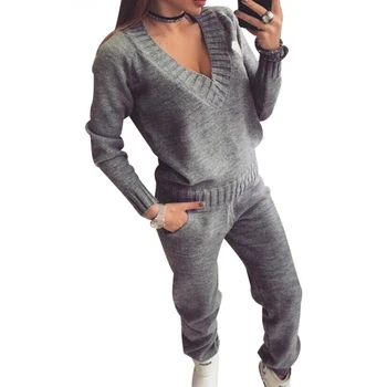 

MVGIRLRU Winter Women's Sets warm wool knitted suits long sleeve v-neck sweaters+pants loose style 2 piece set Feminine clothes