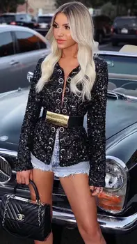 

2019 Vero Sinly Autumn Women Fashion Sexy O Neck Long Sleeve Sequins Button Black Female Coat Designer Casual Coat Vestidos