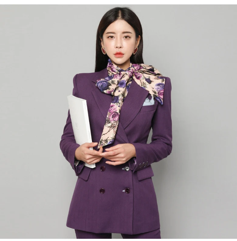QoerliN Pants Suits Women Purple Long Sleeve Blazer Double Breasted Jacket Skinny Straight Pants Full Length 2 Piece Office Wear