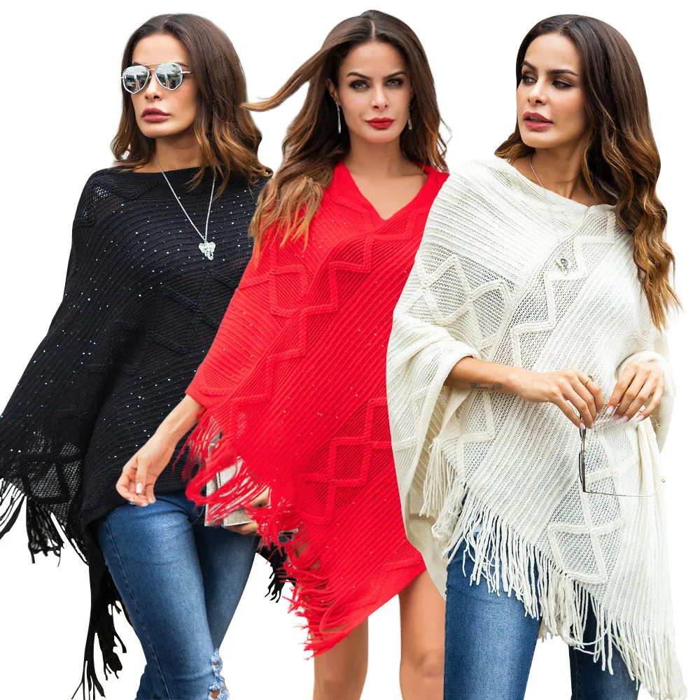 Sweater Womens Tassels Cloak Womens 2019 winter sweater V-neck Solid Tassels Cloak Women sweater long knitted pullover Plus Size