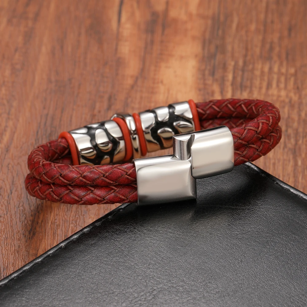 Fashion Men's Horror Skull Double Woven Genuine Leather Bracelet Stainless Steel Magnetic Clasp Jewelry Gift - Image 3