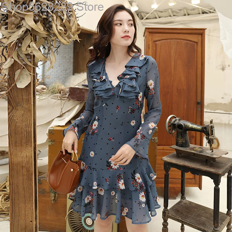 

2020 Small Fresh Chiffon Bubble Sleeve Middle Long Skirt Slim Fit Temperament Dress Ruffled Skirt Female