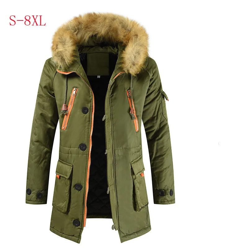 Winter Jacket Men Parka Fur Hooded Quilted Padded Wadded Windbreaker Warm Male Zipper Outward Plus Size 8xl Parkas Overcoat - Цвет: army green