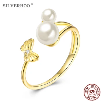 

SILVERHOO Pearl Woman Ring 925 Sterling Silver Cubic Zirconia Ring Seiko Butterfly Design Fashion Ring Send Friends Gift
