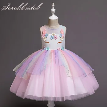 

Cute Unicorn Rainbow Tulle Flower Girl Dresses for Wedding Party Sleeveless Zipper Back Kids Birthday Party Ball Gowns Tiered