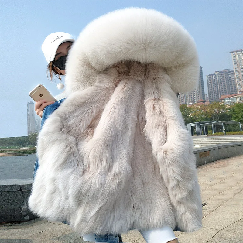 Джинсовая куртка с натуральным лисьим мехом, зимняя куртка, длинная, стильная, из енота, с большим меховым воротником, с капюшоном, женское теплое зимнее пальто, верхняя одежда, парки