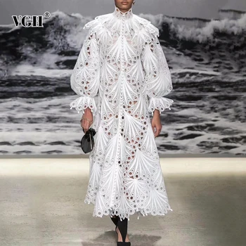 

VGH Hollow Out Elegant Dress For Women Turtleneck Lantern Long Sleeve Patchwork Dresses Spaghetti Vest Female 2020 Spring New