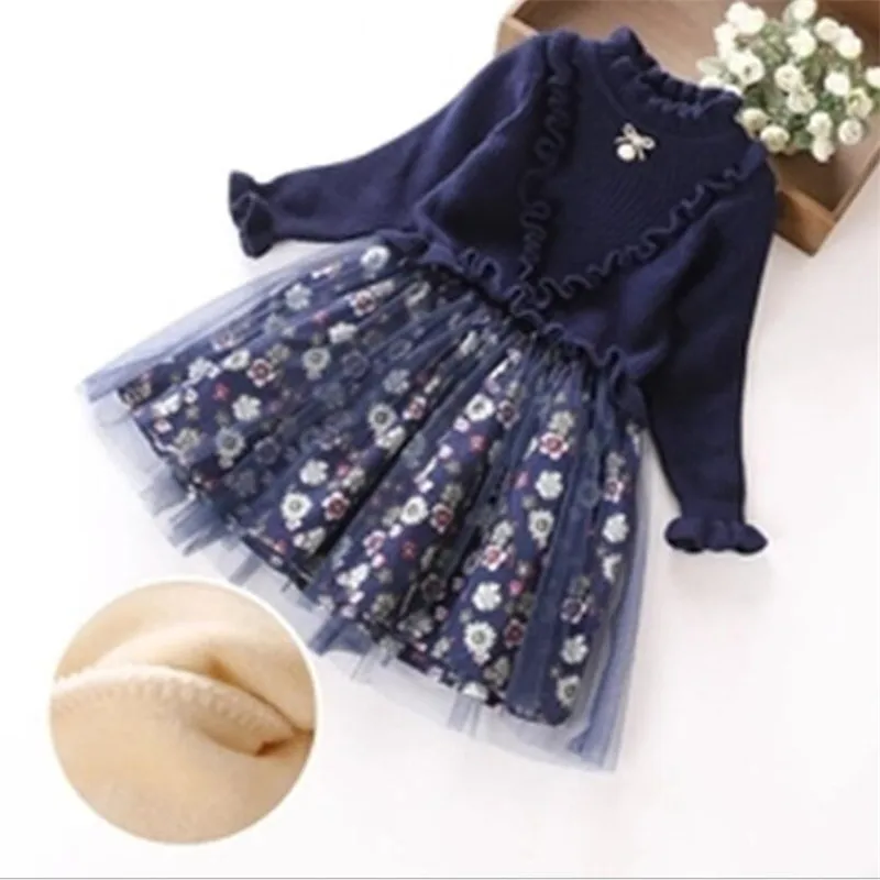 Navy blue Одежда для маленьких девочек зимнее платье для девочек, свитер принцессы с цветочным рисунком теплые платья для детей, осенняя одежда для детей 4, 6, 8, 10, 12 лет - Цвет: Navy blue