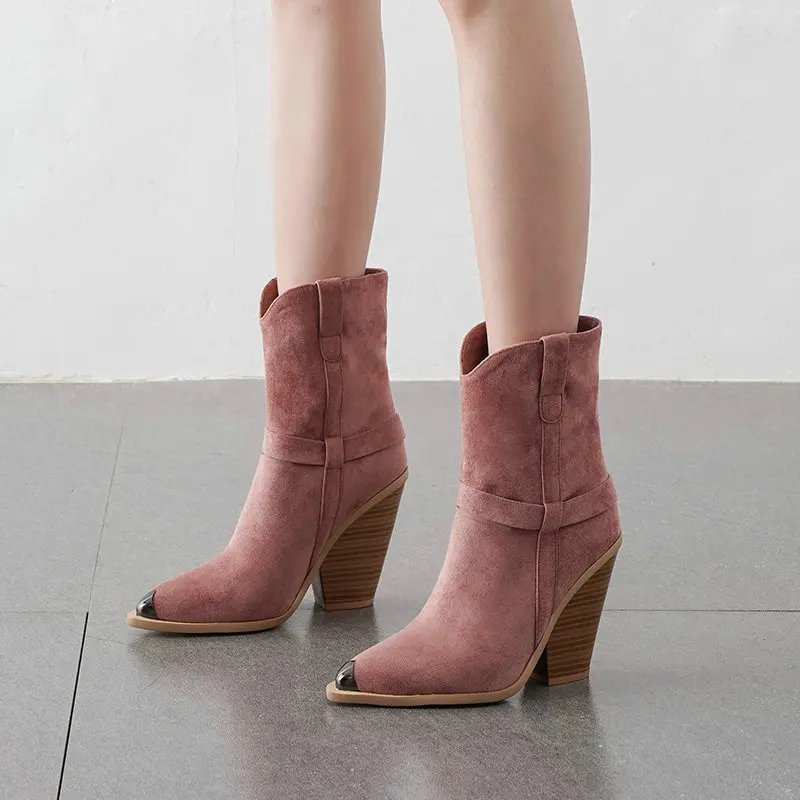 Pink Suede Модные ботильоны; женские ботинки; ковбойские ботинки из искусственной замши на танкетке и высоком каблуке; женская обувь с острым носком; сезон осень-зима; цвет черный, белый - Цвет: Pink Suede