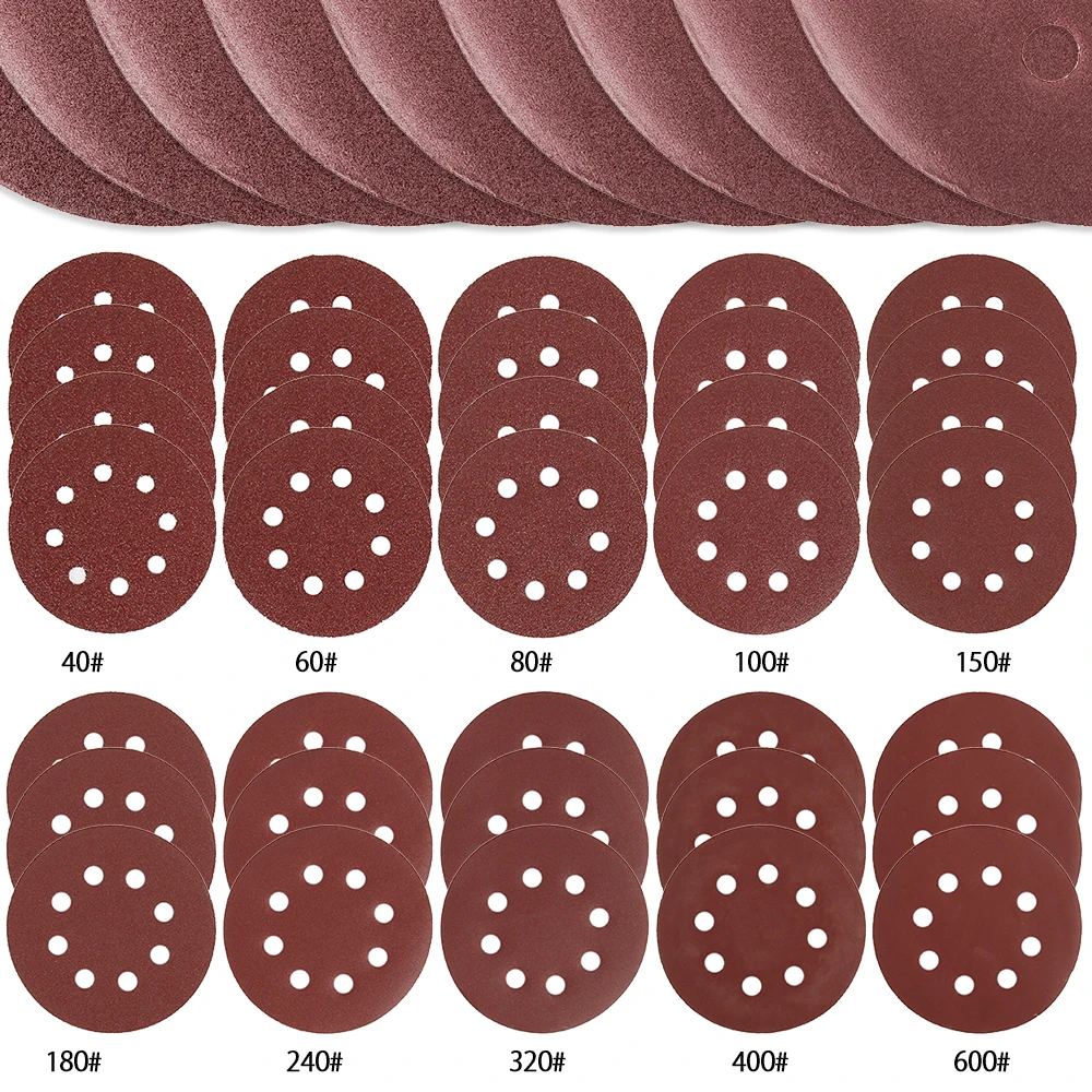 100pcs 5 Inch Hook Loop Sanding paper with 8 Hole Sand Pads Set 40 Grit-600 Grit Sander Disc Abrasives for Polish Machine