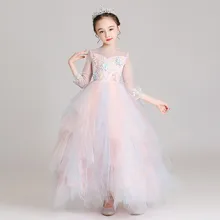 Детское осенне-зимнее элегантное Цветочное платье принцессы на день рождения, свадьбу, вечеринку, многослойное Сетчатое платье, детские костюмы, платье