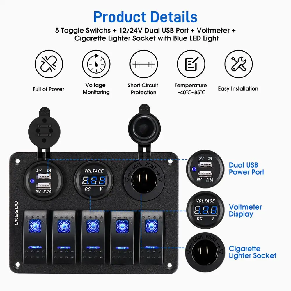 

5 Gang Waterproof Digital Voltmeter Dual USB Port 12V Outlet Combination Car Marine LED Rocker Switch Panel Car Accessory