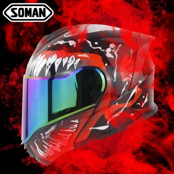

Full-Face casco moto Dot Approved Dual Visor Lens Highway Riding venom skull tooth printed flip-up Motorcycle Helmet Soman SM965