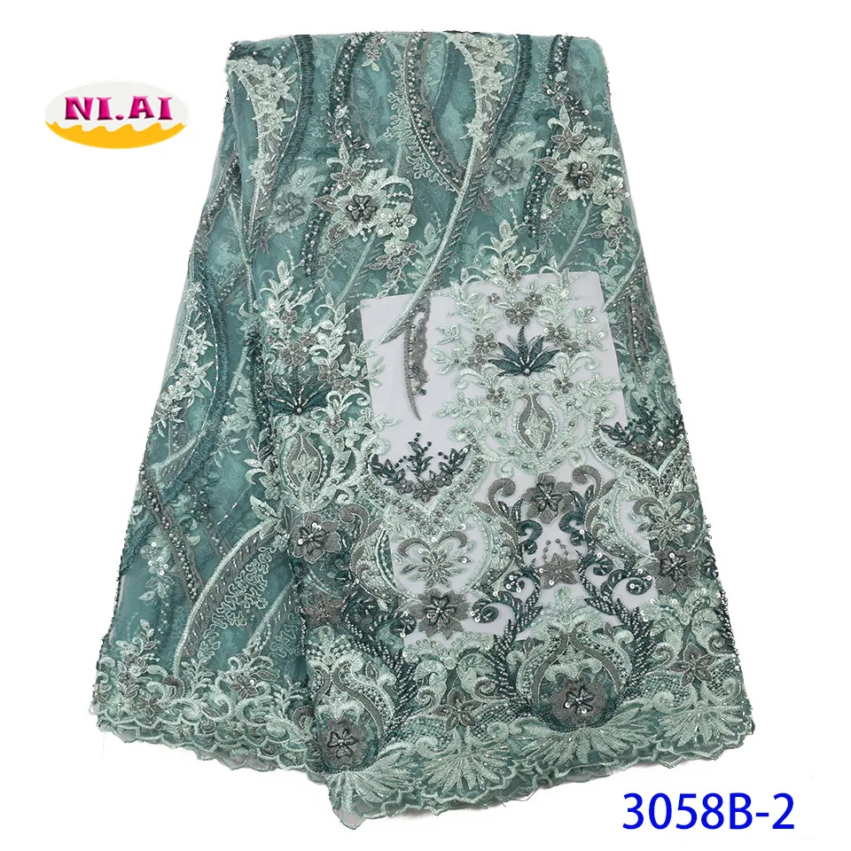 Elegant frican Handmade Beaded Embroided Lace Fabric In Fabric High Quality Teal Green Nigerian Lace Fabrics Cheap NA3058B-2