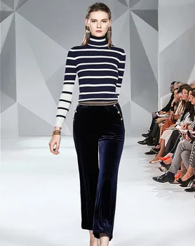 

Brand Designer Blue White Turtleneck Striped Knitted Women Sweater Pants Set Autumn Winter Velvet Button Wide Leg Trousers suit