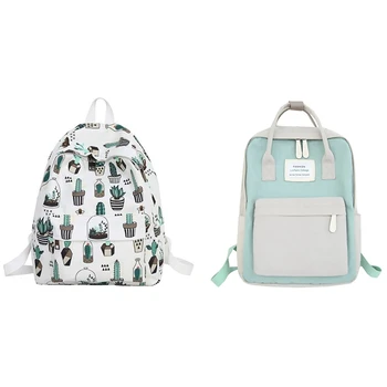

Lady Backpack Waterproof Canvas Travel Backpack Girls Bag(Green Plus White) & College Wind Cute Cactus Backpack