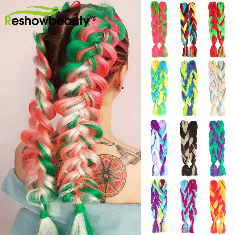 Trenzas Jumbo de colores combinados para cabello para mujer, extensiones de cabello de ganchillo, trenza de pelo de 24 pulgadas, 100 gramos, Reshowbeauty