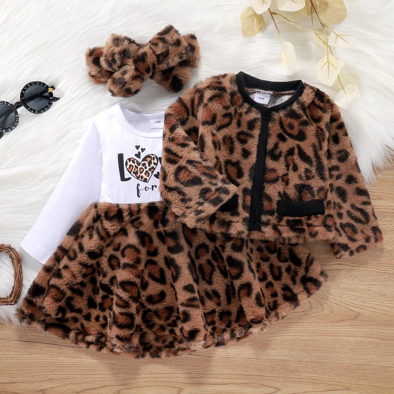 baby clothes penguin set Autumn Winter Toddler Girls Letter Leopard Print Fur Patchwork Long Sleeve Dress Jacket Tops Headband Baby's Clothing Sets Baby Clothing Set medium