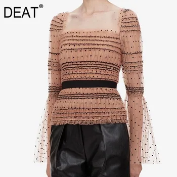 

DEAT 2020 new summer and autumn sqaure collar flare sleeves polka dots slim high waist zippers sexy shirt female top WL61404L