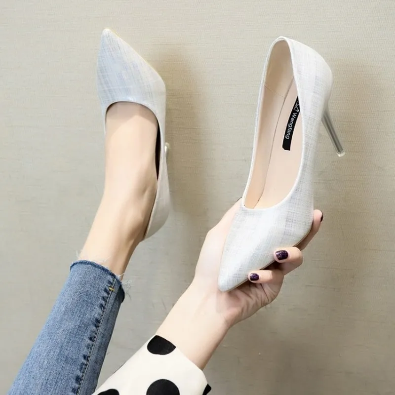 

Spring Autumn Woman Dress Shoes Pointed toe Pumps Plaided High Heels Shoes Gold Heels Women Boat Shoes zapatos mujer Y22-03