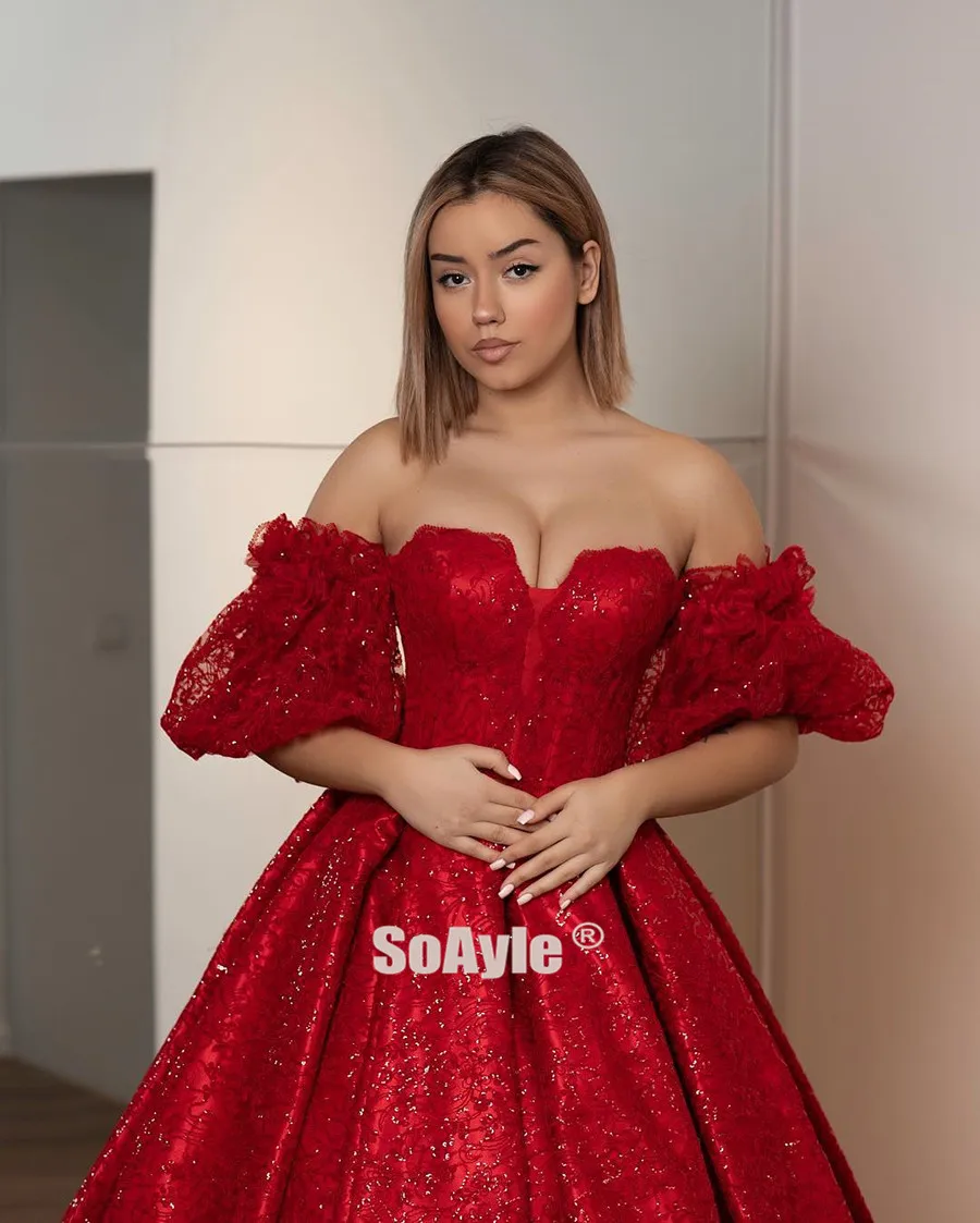 SoAyle мяч вечерние платья Bling Красный арабский вечернее платье с блестками без бретелек прозрачная емкость рукав халат De Soire