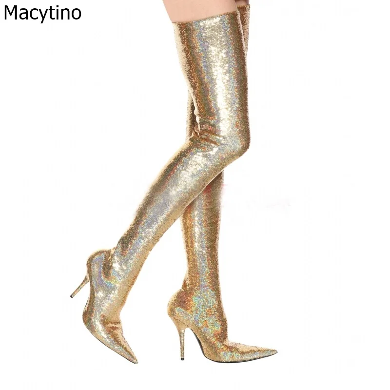 

Gold Sexy Party Boots Fashion Tight High Heel Shoes Women Over the Knee Heels Boots Stretch Silver Winter High Boots botas