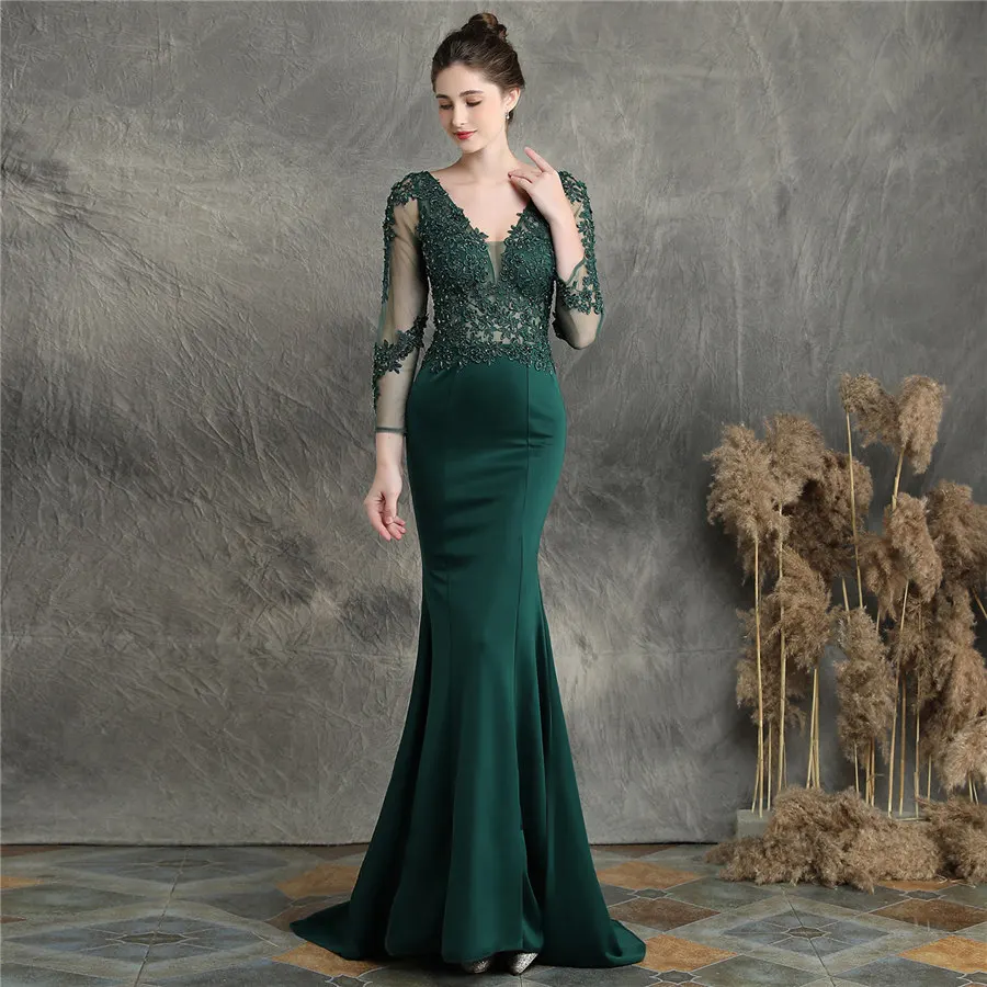 Аппликации Русалка Вечерние платья Robe De Soiree v-образным вырезом бисером женское вечернее платье DX253 размера плюс длинные рукава Формальные платья - Цвет: Зеленый